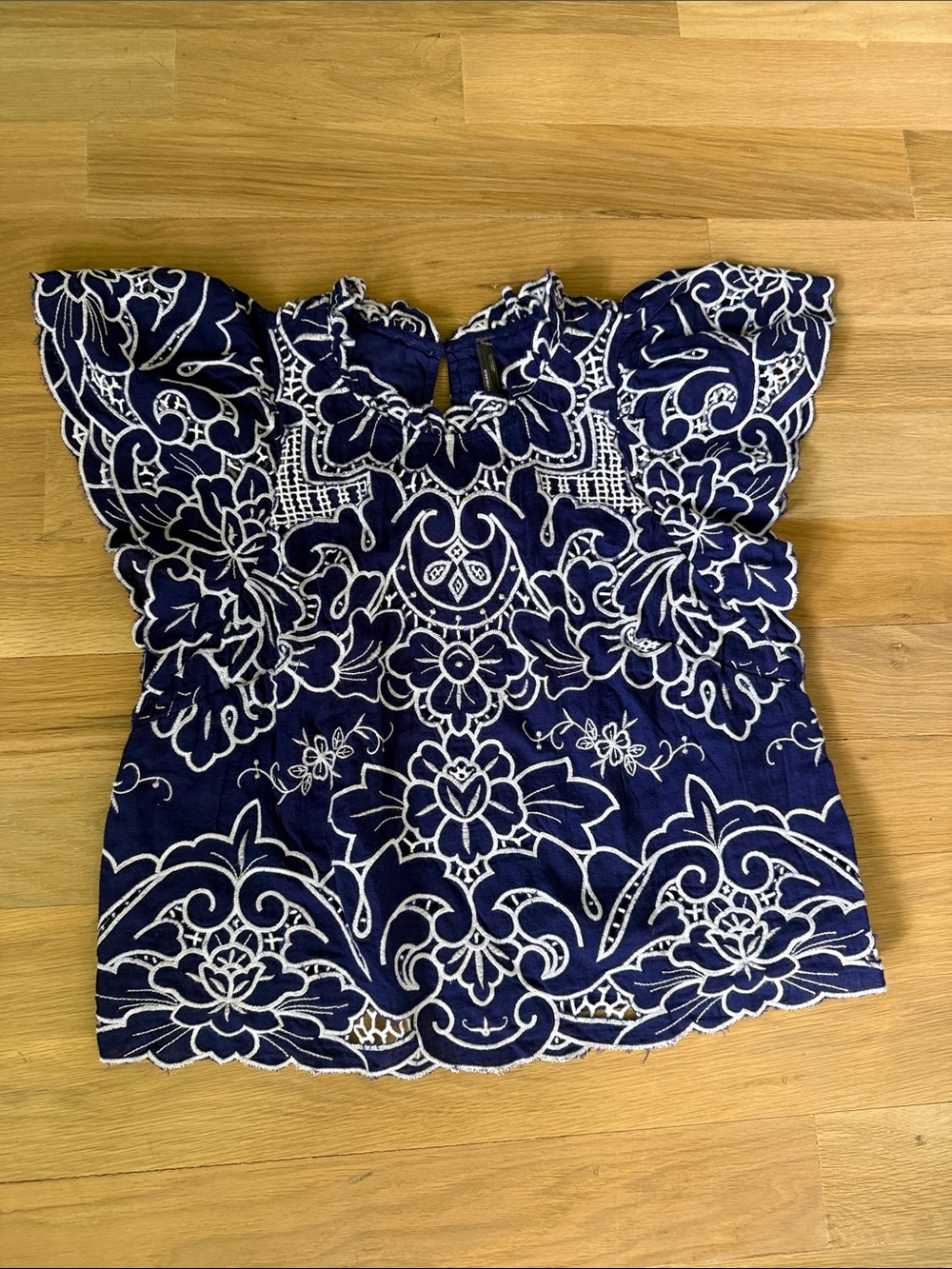 By Anthropologie Navy Blue Floral Embroidered Ruffle-Sleeve Top
